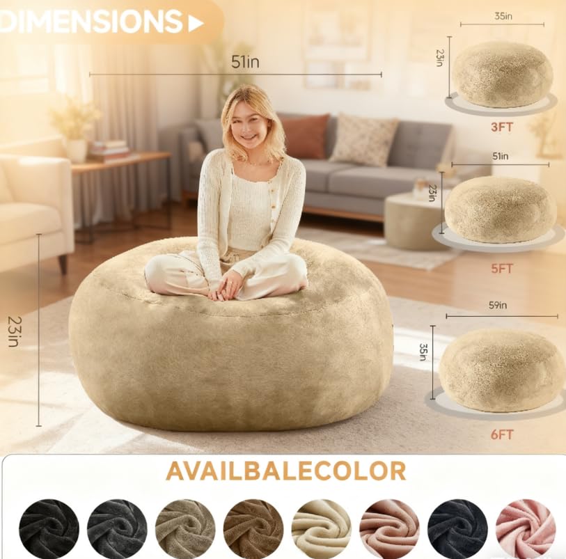 Image of Bean Bag Chair with Plush Faux Fur Cover with Removable CoverBig Bean Bag Chair for Living Room Bedroom (Apricot, 6FT)