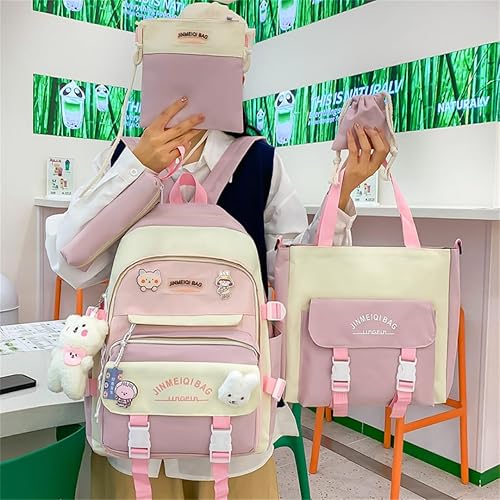 Miniatura 2 de Mochila kawaii de 5 piezas para la escuela, mochila estética kawaii, suministros escolares Kawaii, conjunto de mochila con accesorios, Verde