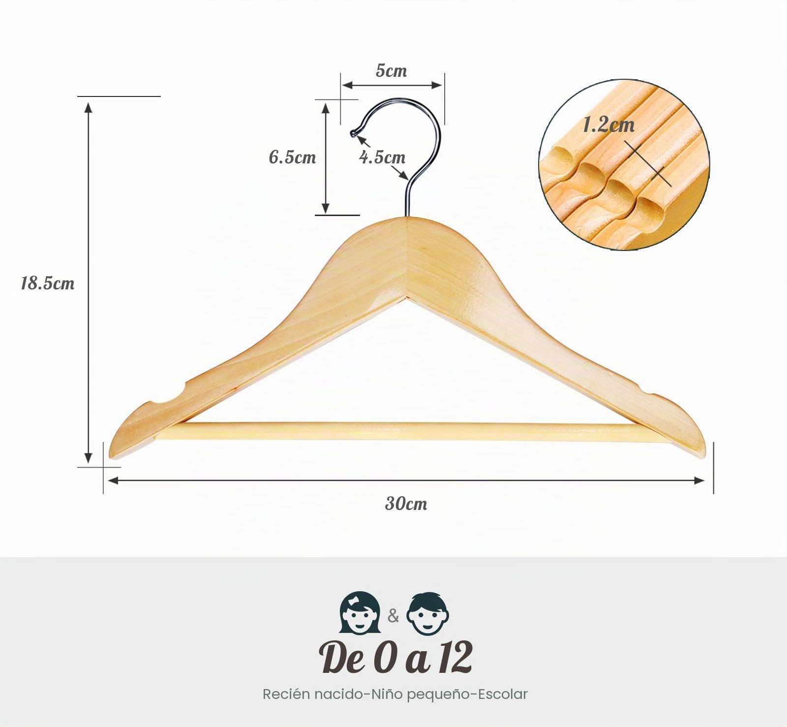 Homewit - Perchas de madera para niños. Set de 24 perchas de madera maciza de 30 cm (Schima superba) con ranuras en la zona de los hombros, gancho giratorio de 360 grados, para ropa de bebé y de niño