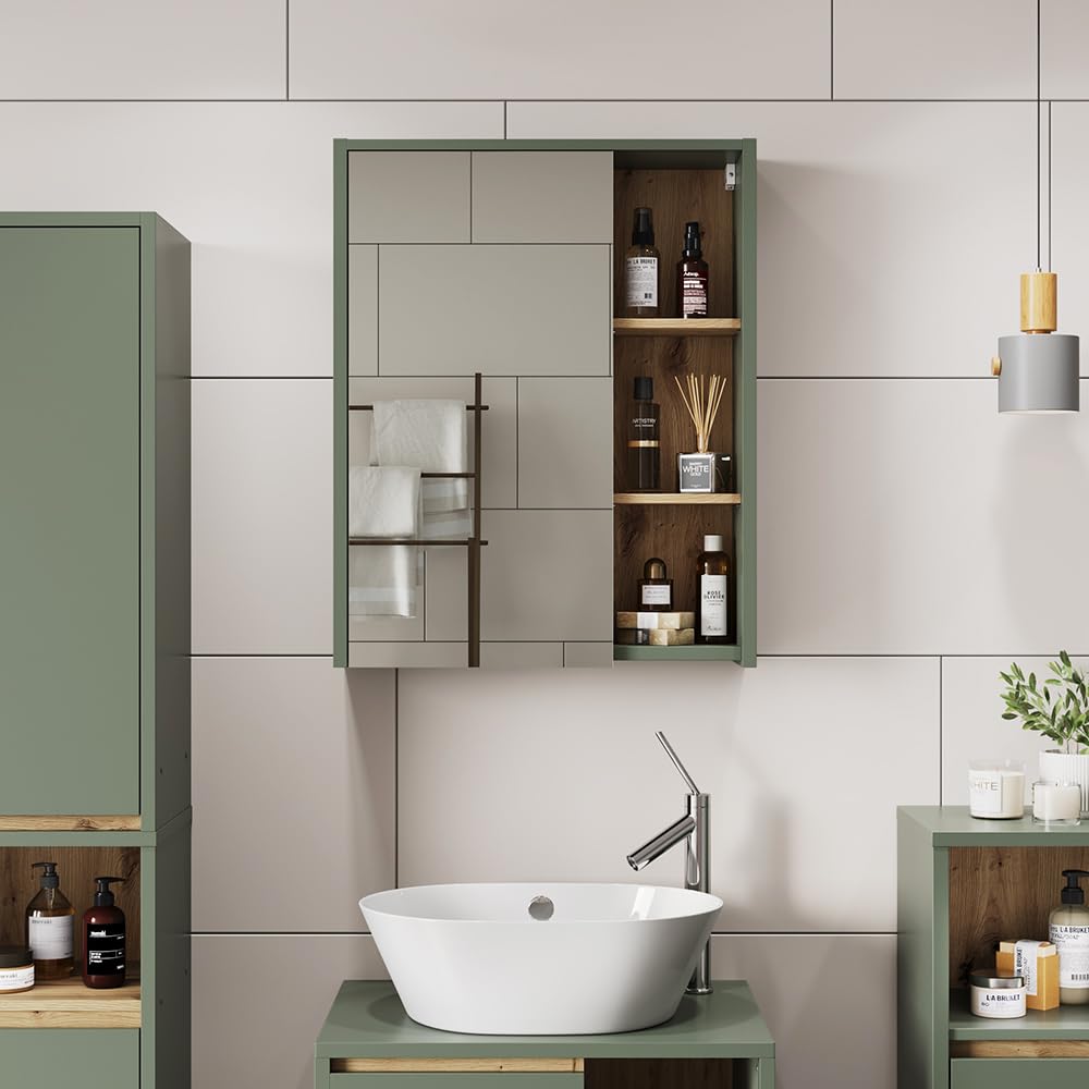 Vicco Armario con Espejo de baño Viola, Verde/Artesano, 60 x 75 cm | con estantes abiertos, apto para montaje en pared para uso en el baño