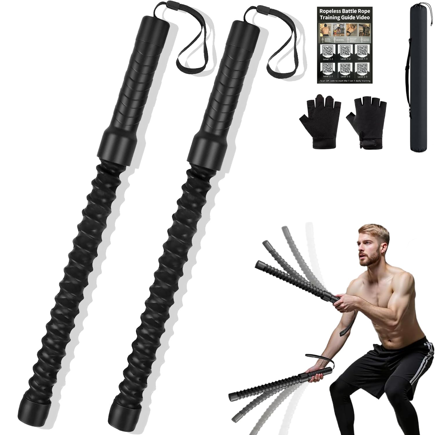 Ropeless Battle Ropes for Home Gym Workout, Lightweight Exercise Ropes for Fitness Beginners, Portable Cordless Training Equipment with Non-Slip Gloves