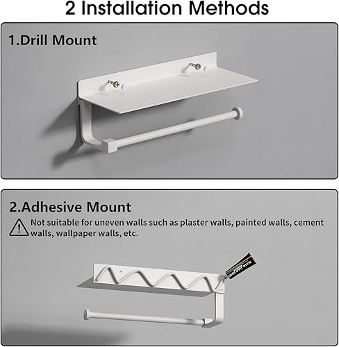 Miniatura 8 de Soporte de Toalla de Papel Danpoo Blanco con Estante para Montaje en Pared, Soporte Adhesivo para Toallas de Mano para Baño, Soporte para Toallas de