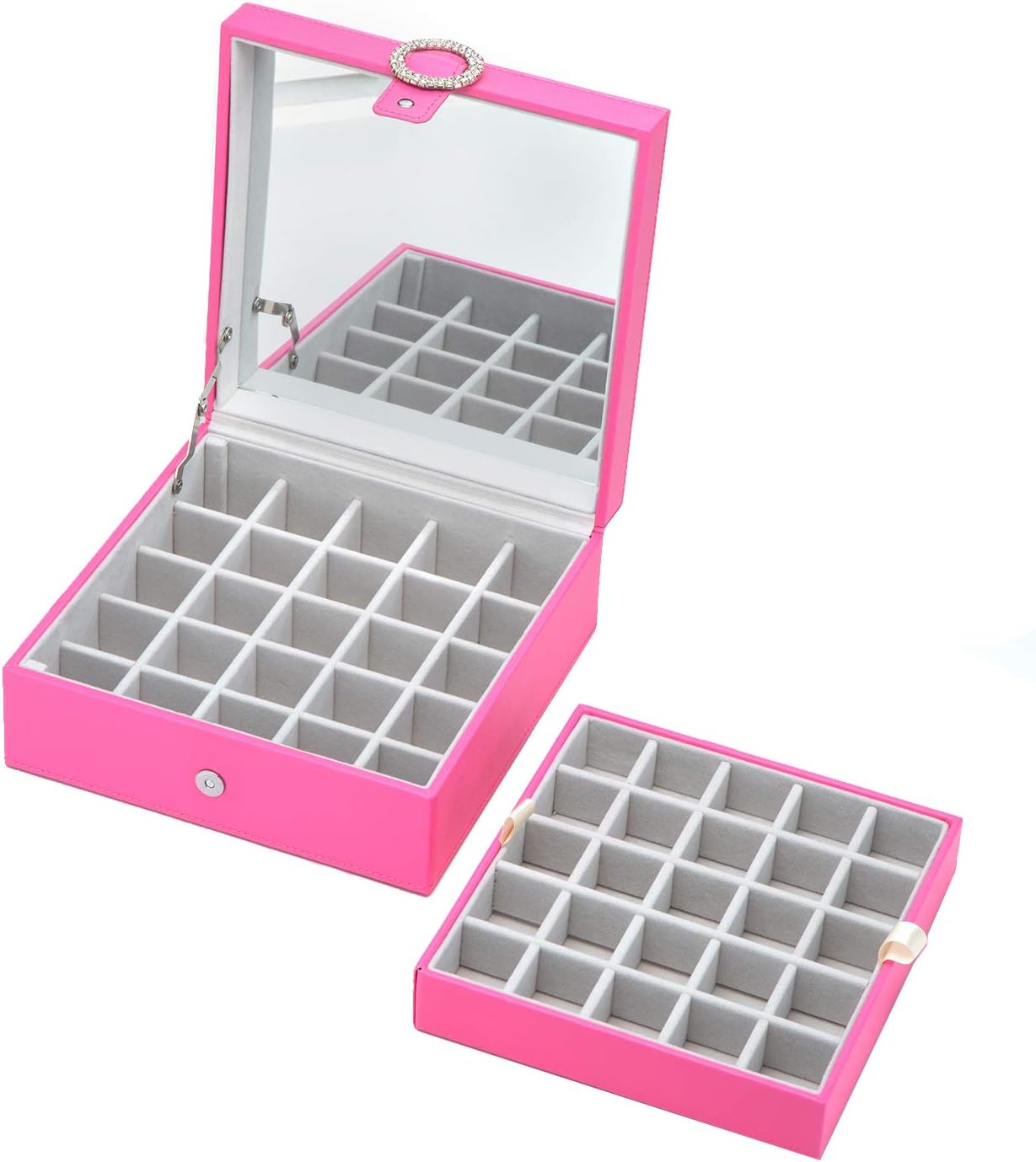 JackCubeDesign Leather 50 Slots Earring Organizer Storage Box Display with Mirror Inside Velvet Section Compartments Divider Jewelry Tray Case Holder(Pink, 8.5 x 8.5 x 3.6 inches) – :MK355C