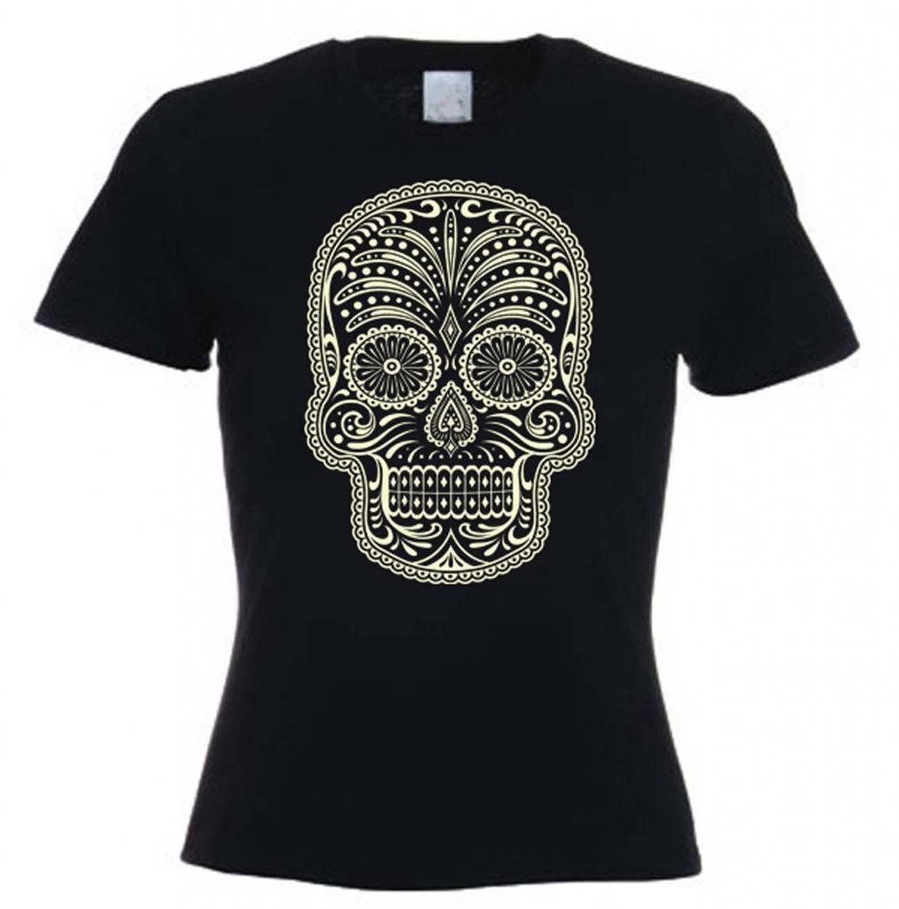Tribal T-Shirts Womens Sugar Skull T-Shirt (Small, Black)
