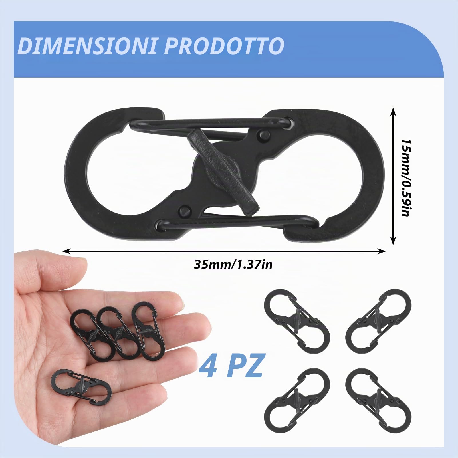 4 Pezzi Mini Moschettone, S Moschettone in Acciaio Inox, Moschettoni Piccoli Doppio Gancio, 35 x 15 x 1,5mm, Ultraleggero e Durevole, Perfetto per Campeggio, Escursionismo e Uso Quotidiano