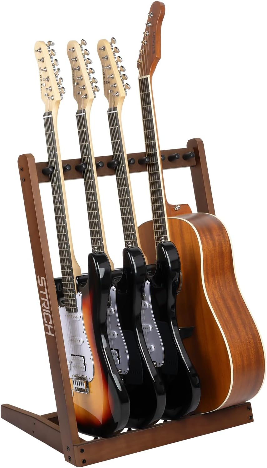 STRICH Wooden Guitar Stand Multiple Guitars, Guitar Rack for 3 Acoustic or 5 Electric Guitars & Basses, Floor Standing Multi Guitar Display for Studio & Home - Protective Padding, SMT-10 (5-Holder)