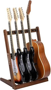 STRICH Wooden Guitar Stand Multiple Guitars, Guitar Rack for 3 Acoustic or 5 Electric Guitars & Basses, Floor Standing Multi Guitar Display for Studio & Home - Protective Padding, SMT-10 5-Holder