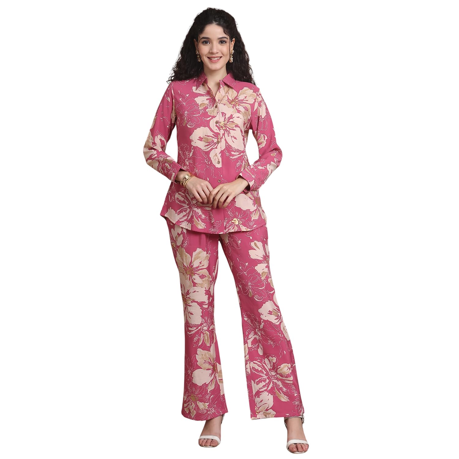 Floral Print Co-ord Set, Long Sleeve Shirt with Flared Pants, Pink and Beige