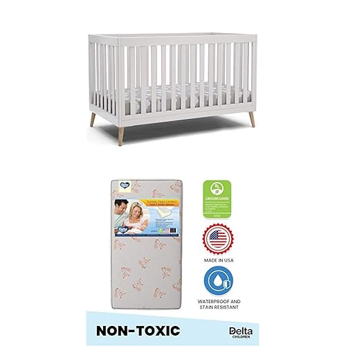 Delta Children Essex - Cuna convertible 4 en 1 para bebé, color blanco bianca con patas naturalesTwinkle Stars Limited Fiber Core cuna y colchón