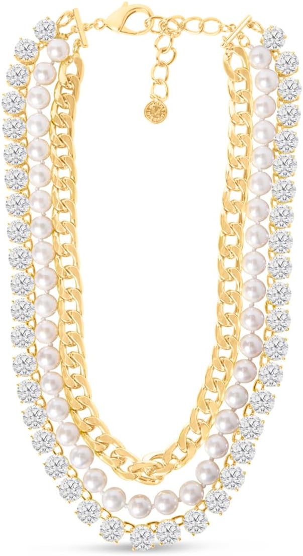 Martha Stewart Three Strand Pearl, Crystal and Chain Necklace In Gold, 18 Inches For Women