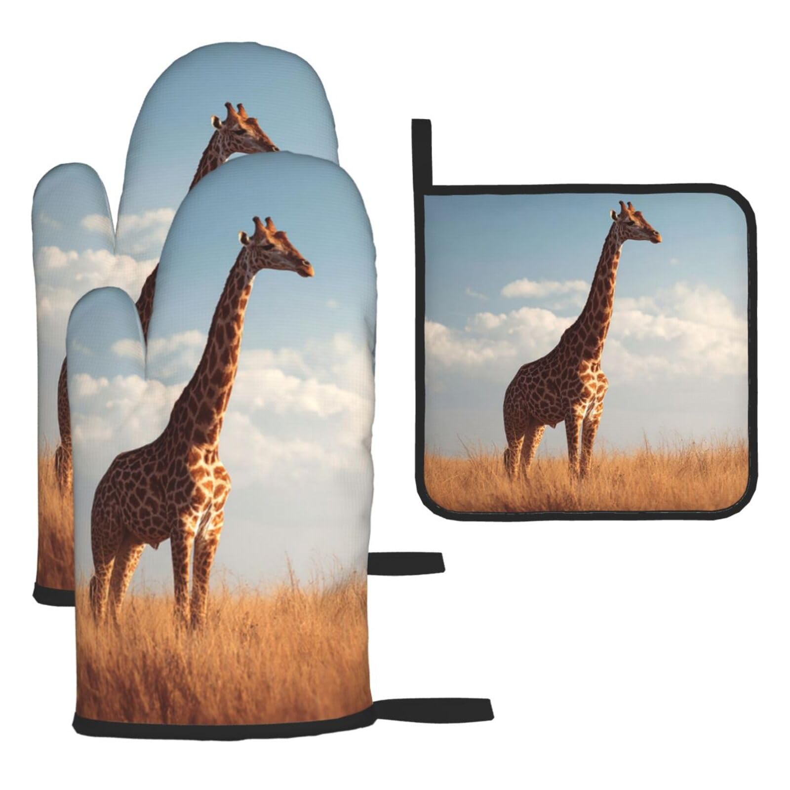 Oven Mitts and Pot Holders Sets of 3 African Giraffe Oven Mitts 3 Pcs Heat Resistant Non Slip Ovens Gloves Hot Pads Kitchen Gloves Potholders for Baking Cooking BBQ Grilling