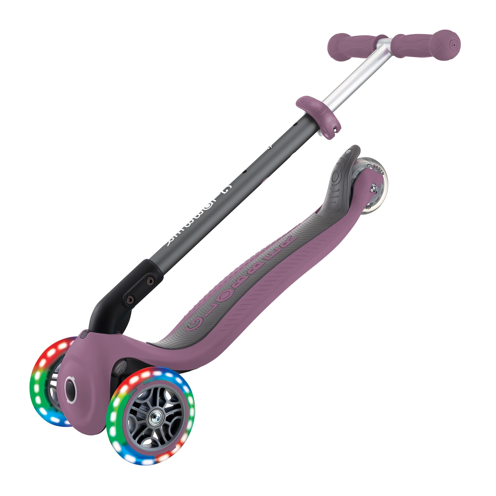 GLOBBER Primo Foldable Lights - Patinete infantil 120/80 mm, ABEC 5, 3 ruedas, altura regulable, ruedas LED, color morado