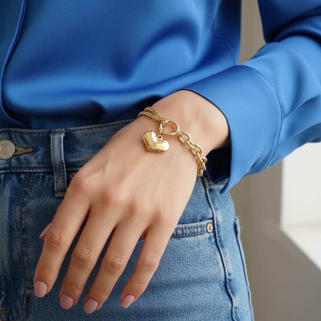 18K Gold Plated over Titanium Chain Link Bracelet with Heart Charm, Dual Chain Design, Fashion Jewelry for Women, 6-Inch Length with a 1.25-Inch Extension, Tarnish Resistant