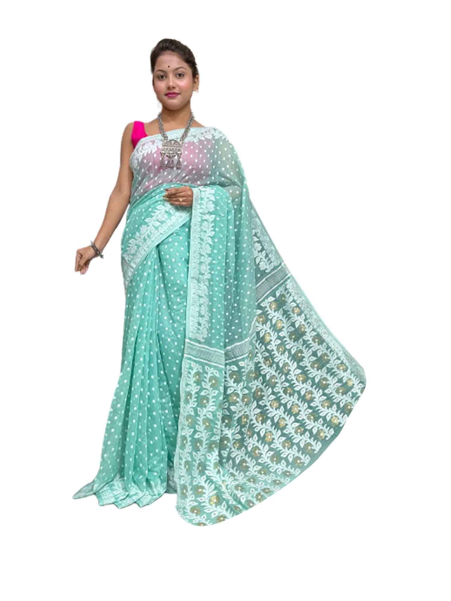Sari algodón indio Dhakai Jamdani ligero menta para mujer musulmana 4
