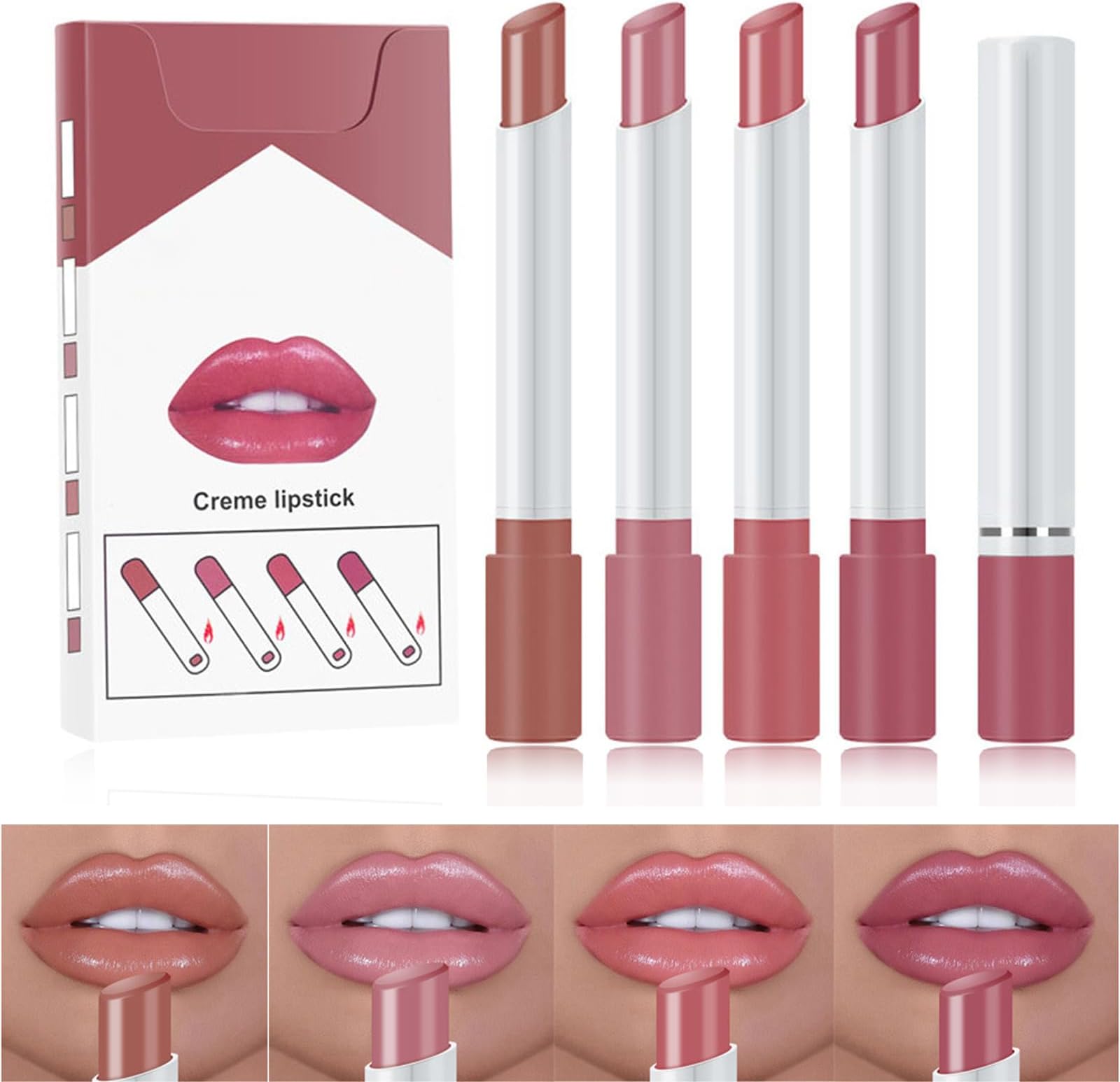 Plumping Lip Gloss Set,Lipstick Sets 4 Pcs High Pigmented Velvety Nude Cigarette Lipgloss, Long Lasting Non-Fading Waterproof Shimmer Liquid Lipsticks,Makeup Sets For Women Gifts Surprise