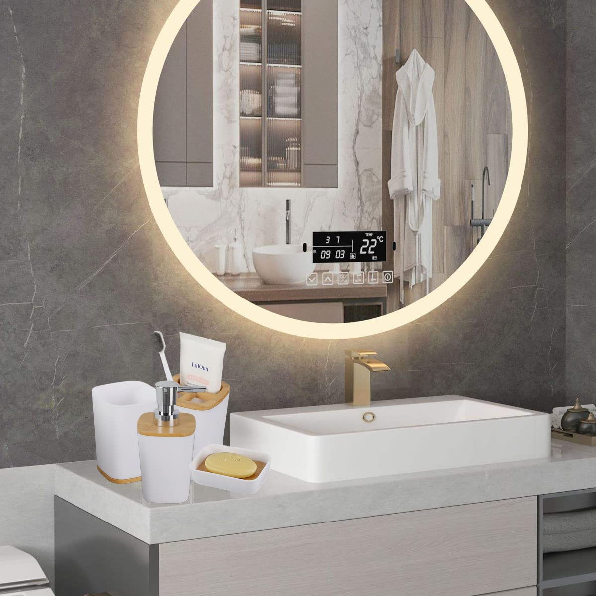 JETAINE 6-teiliges Bambus-Badezimmer-Zubehör-Set, luxuriöses modernes Accessoire, WC-Zubehör mit Mülleimer, Zahnbürstenhalter, Tasse, Seifenschale und Seifenspender