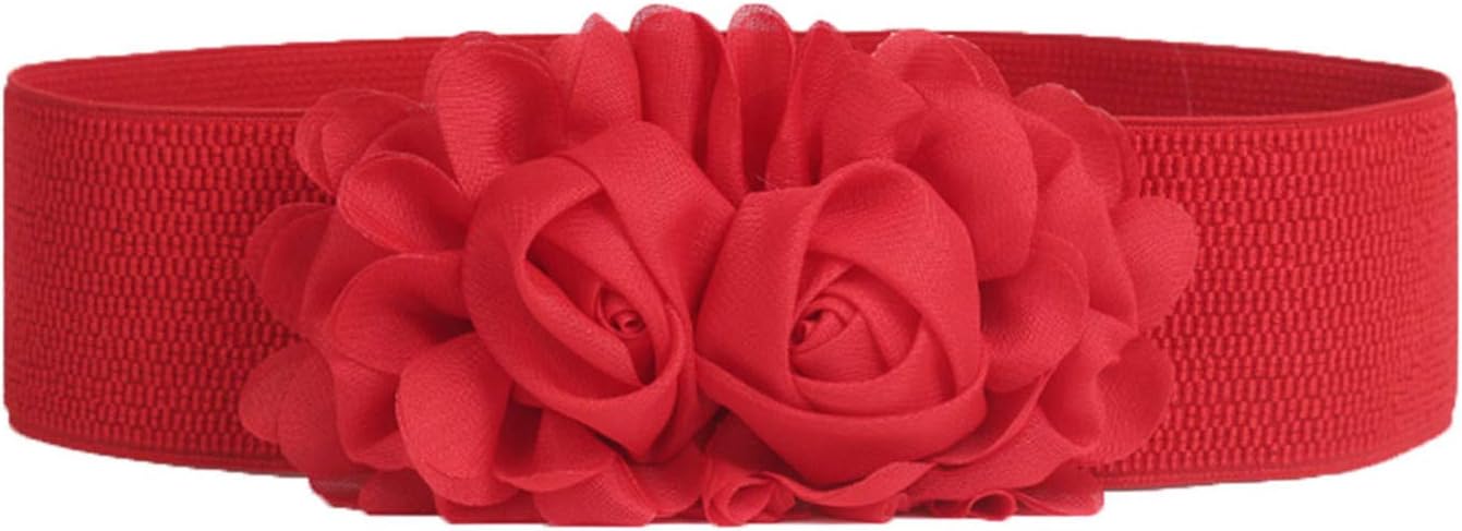 Andongnywell Women Flower Wide Waist Belt Elastic Stretch Rose Double Flower Belts for Dress High Waist Belts Waist Band