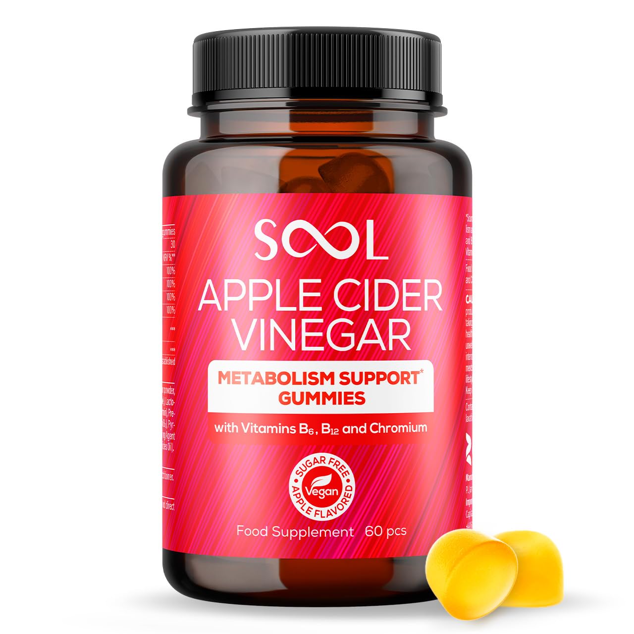SOOL Apple Cider Vinegar Gummies for Weight Loss with Lactospore Probiotics, 60pcs I Chewable Metabolism Support Gummies with Vitamin B6, B12 & Chromium I Sugar-Free I Weight Loss Gummies Supplement