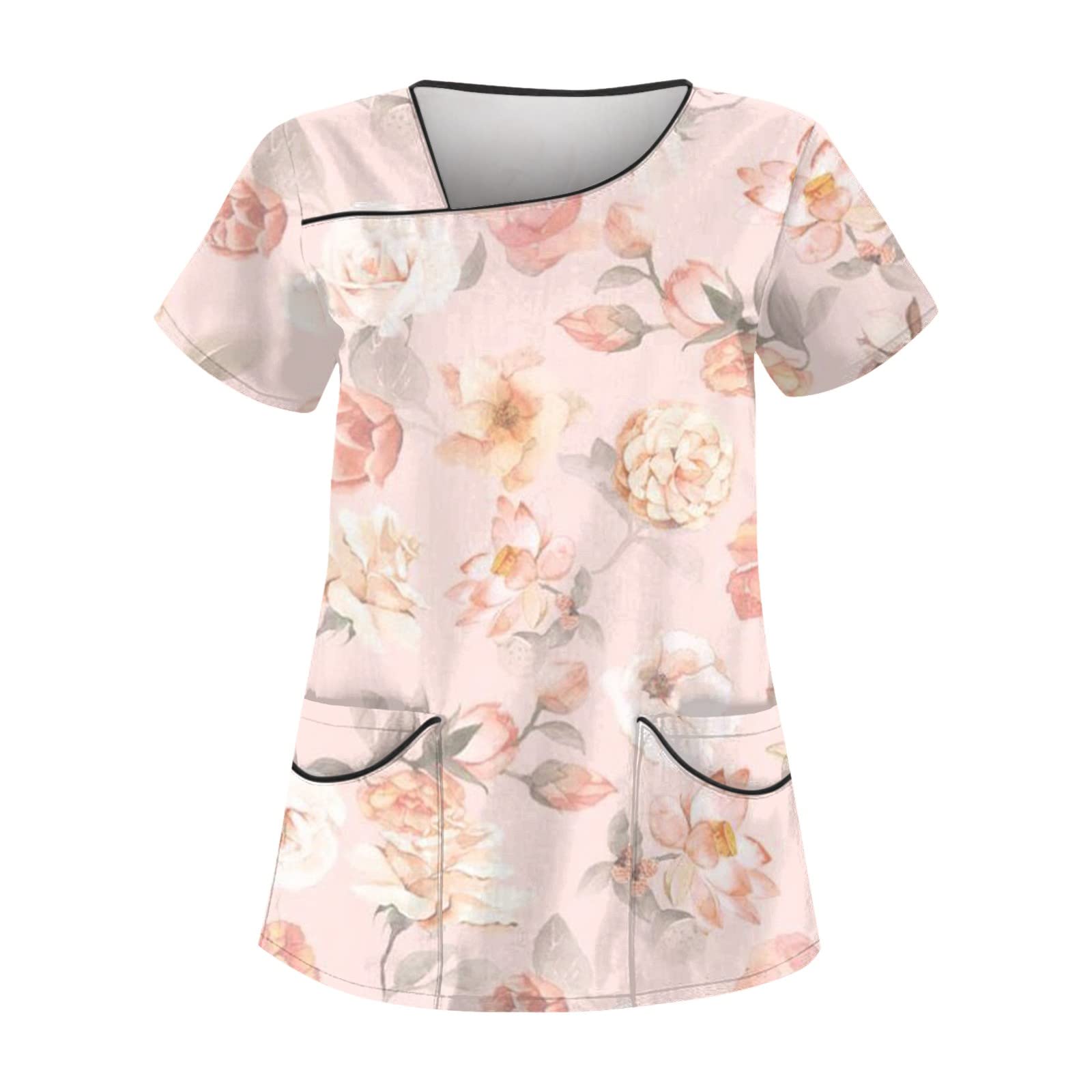 Scrubs for Women Print Slant Collar Nurse Uniforms Dressy Short Sleeve T Shirts Comfy Working Uniforms with 4 Pockets