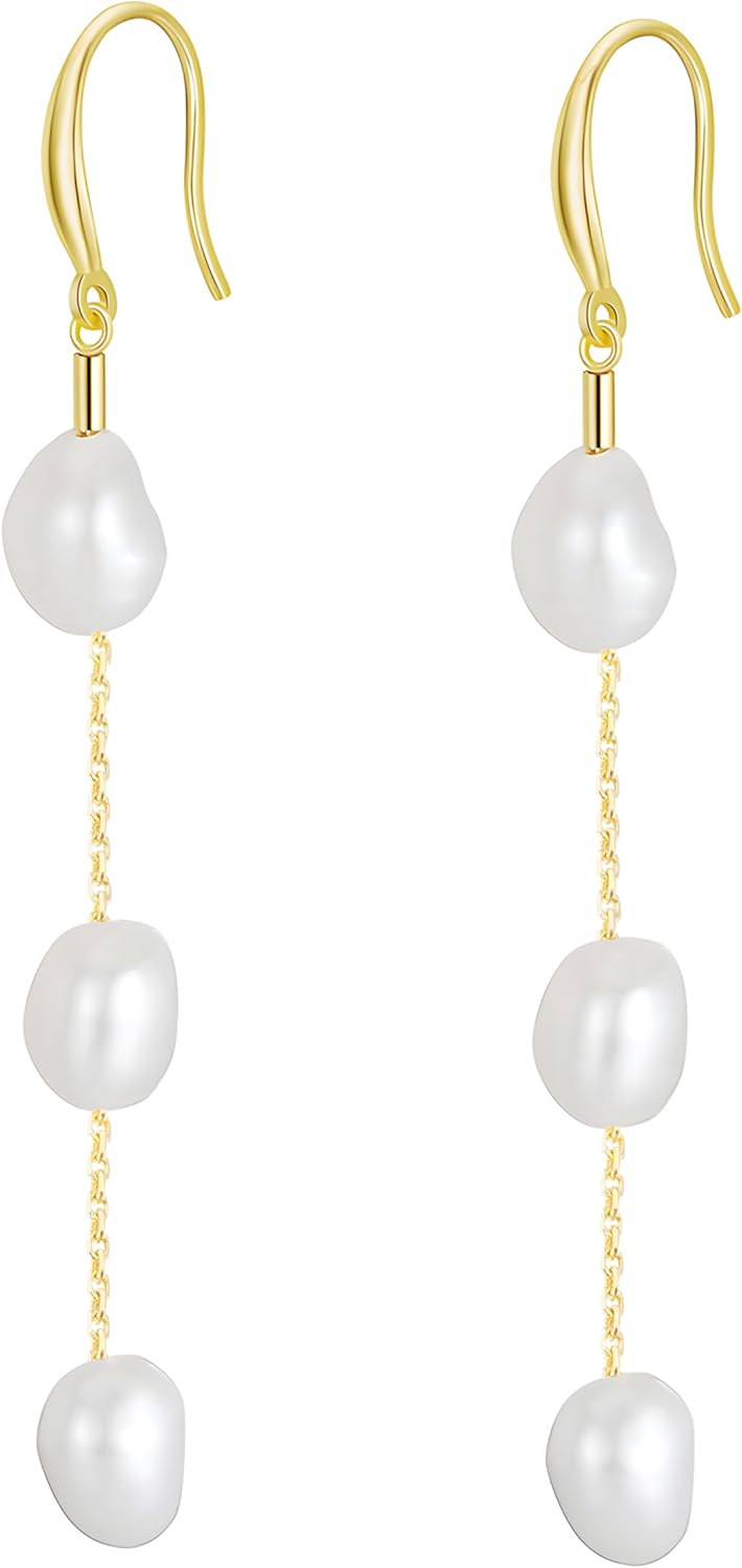 Pearl Earrings For Women, 925 Sterling Silver Freshwater And Baroque Pearls Dangle Drop Earrings 14K Gold Plated Hypoallergenic Dainty Jewelry Gifts For Women
