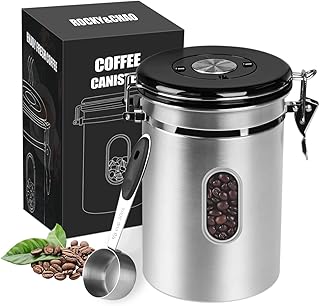 ROCKY&CHAO Kaffeedose Luftdicht aus Edelstahl Kaffeebhnen Behälter mit Sichtfenster an der Seite Vorratsdose für 600g Tee Nüsse Kakao Länger und Frisch Bleiben (1.8L-Edelstahl new)