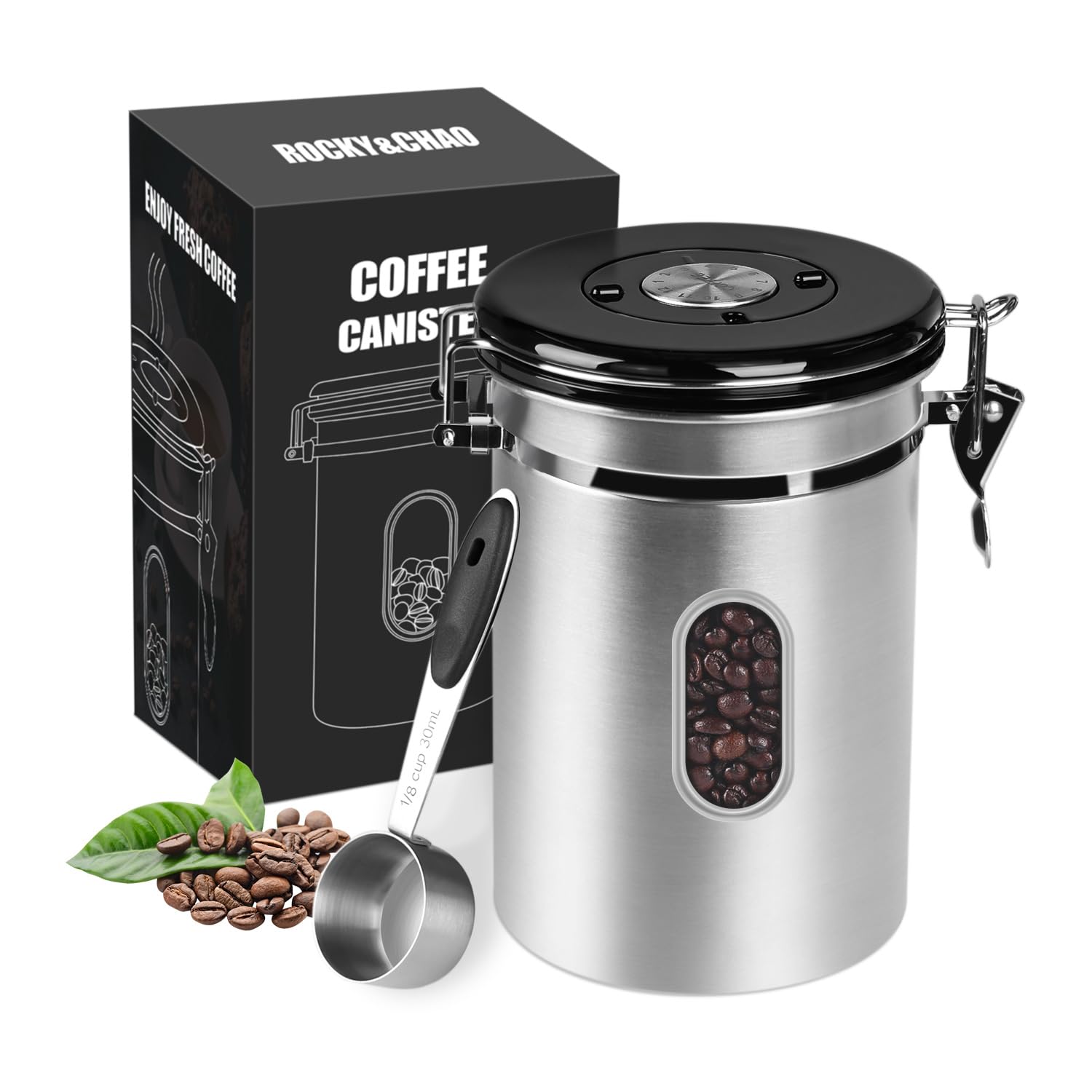 ROCKY&CHAO Kaffeedose Luftdicht aus Edelstahl Kaffeebhnen Behälter mit Sichtfenster an der Seite Vorratsdose für 600g Tee Nüsse Kakao Länger und Frisch Bleiben (1.8L-Edelstahl new)