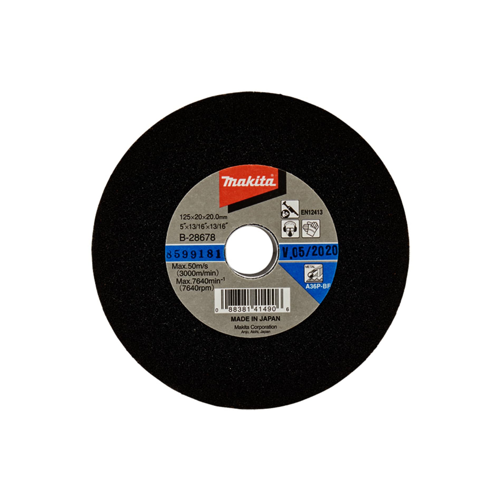 Makita B-28678 Schleifstein K36 125 x 20 x 20 mm, 1 Stück, für die Bearbeitung von Stahl, A36P-BF, EN12413, passend für Geradschleifer GS5000