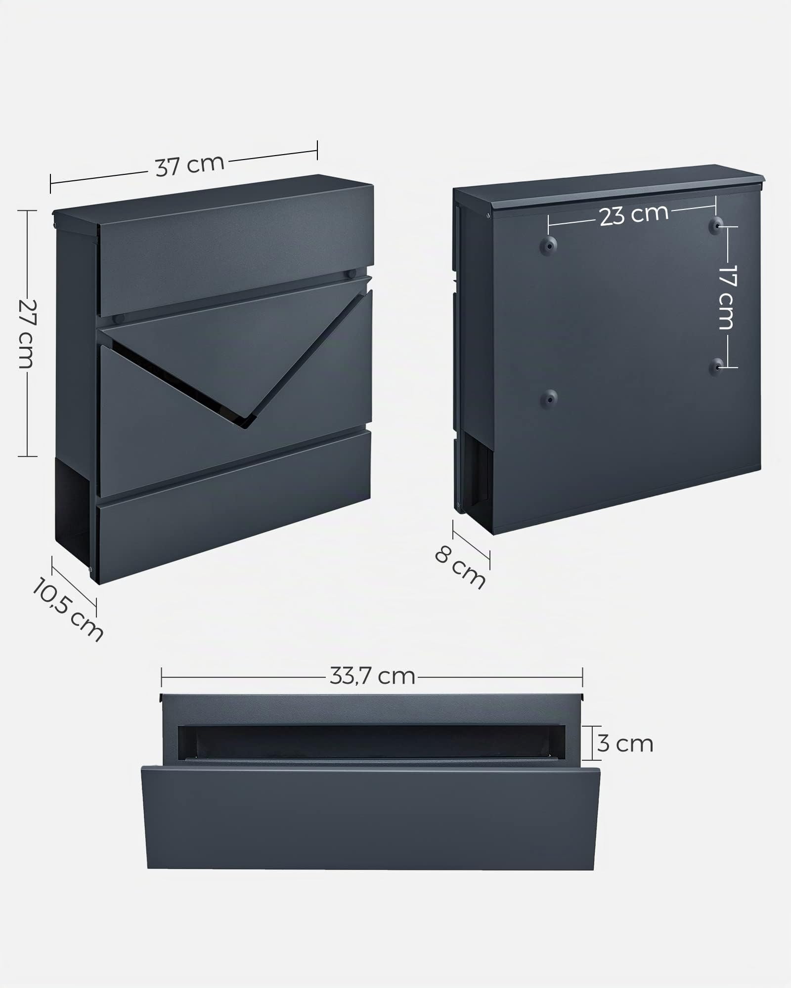 SONGMICS Buzón Correo, Ventanas de Visualización en Forma de V, Buzón Correo Montado en Pared, con Cerradura y Tapa, Portapapeles, Fácil de Instalar, Gris Antracita GMB054G01
