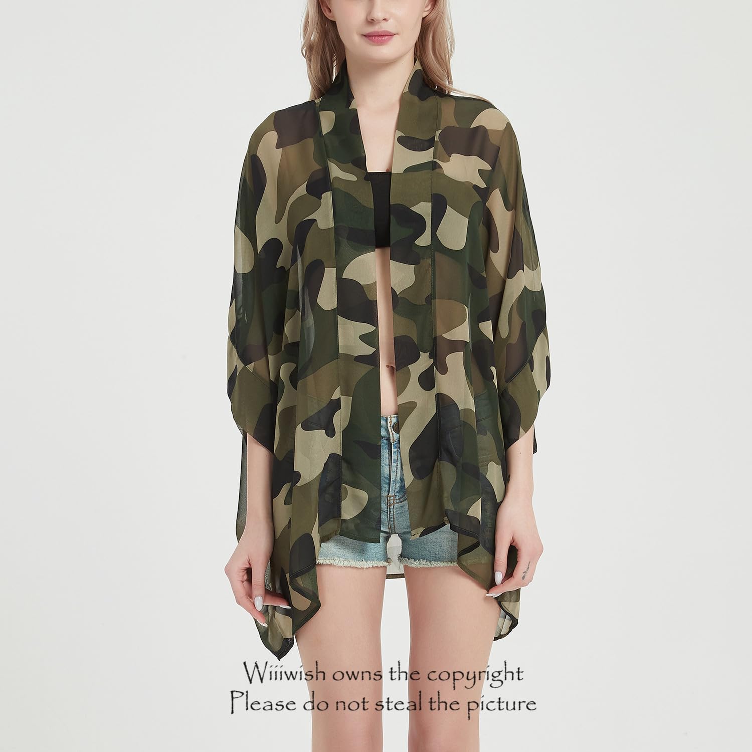 Women's Kimono Cardigans Camouflage Sheer Chiffon Blouse Boho Wrap Casual Coverup Loose Tops - Image 4