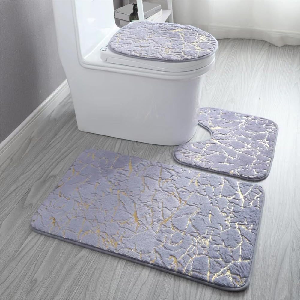 Lot de 3 tapis de salle de bain antidérapant lavable polyester noir or