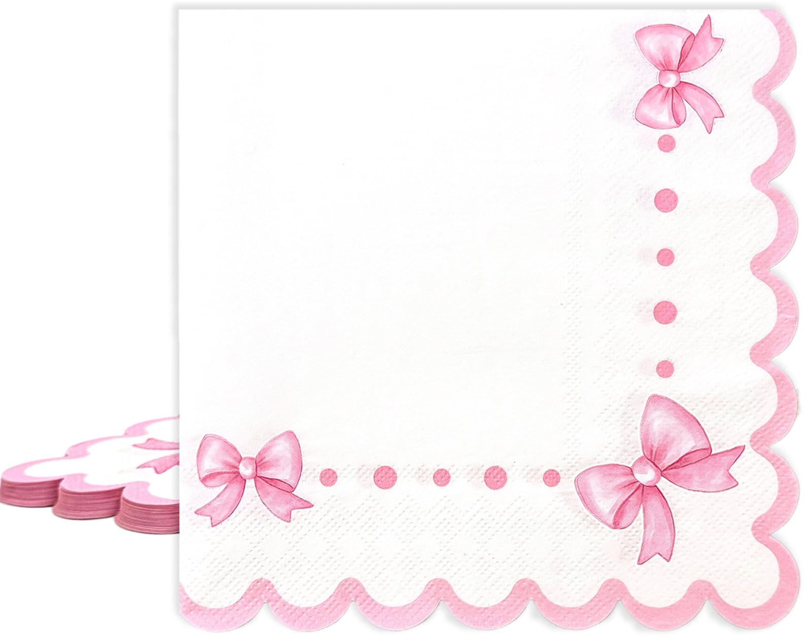 Pink Bow Napkins 6.5" 3-Ply Scalloped Cocktail Paper Napkin for Baby Shower Girl Women Coquette Birthday Décor Pink Bow Theme Party Decorations