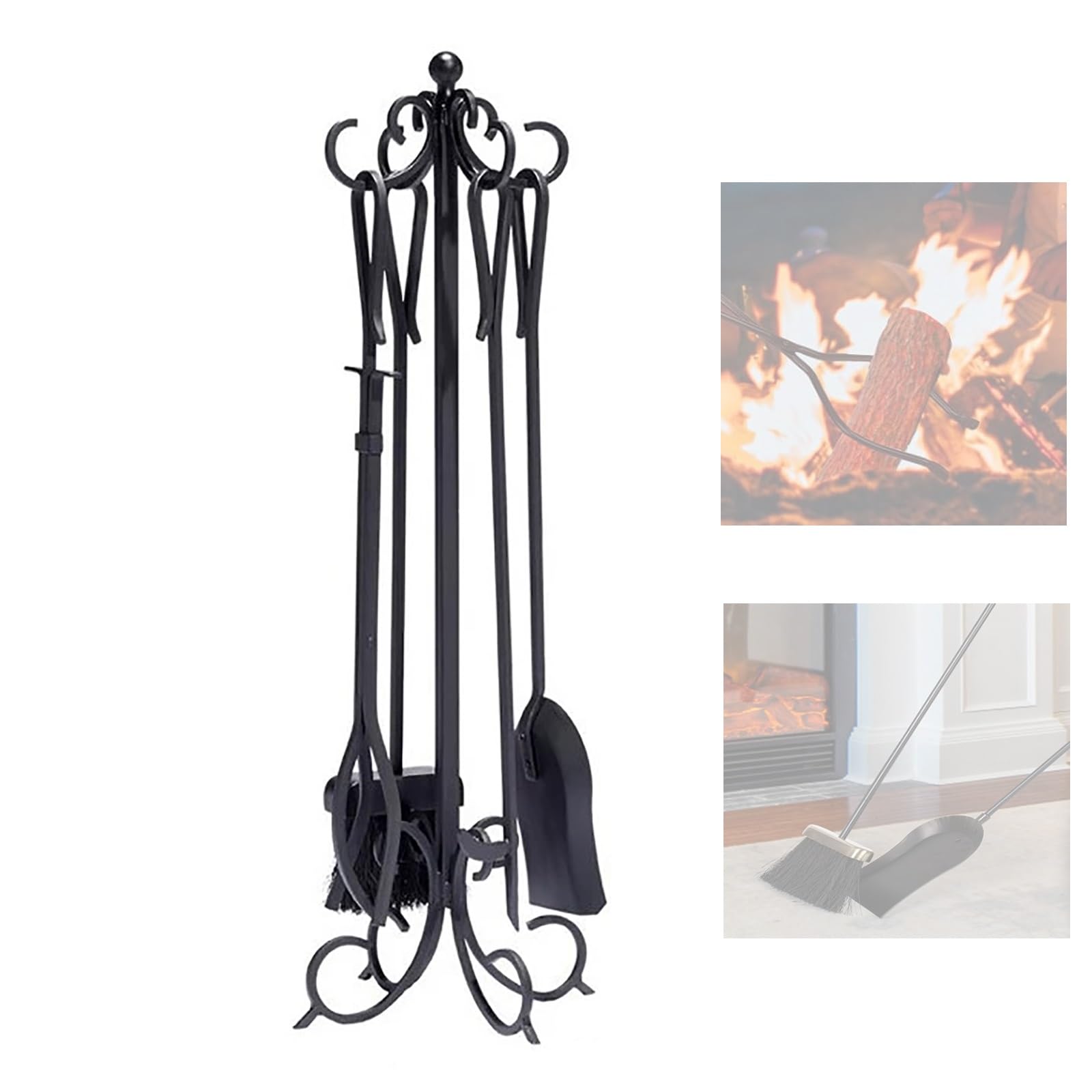Set di attrezzi per camino, in ferro battuto resistente, set di 5 attrezzi per braciere con pinza, pala, attizzatoio e spazzola, per interni ed esterni, kit di accessori invernali