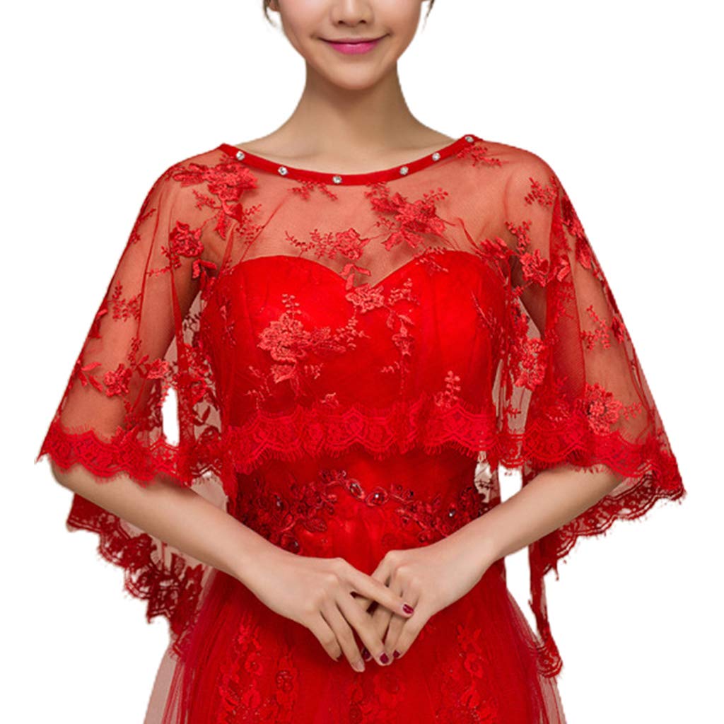 XUYUH Wedding Shawl Women Embroidery Floral Lace Wedding Shawl Cape for Rhinestone Bridal Capelet, Red