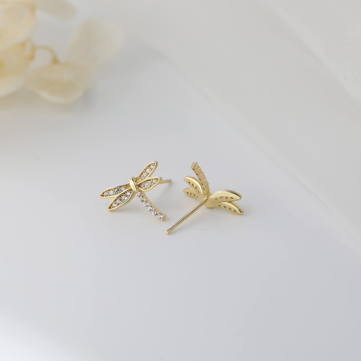 Meissa 925 Sterling Silver Dragonfly Earrings for Women Hypoallergenic Dragonfly Bug Earrings Cute Cubic Zirconia Studs Silver Gold Rose Gold Pleated