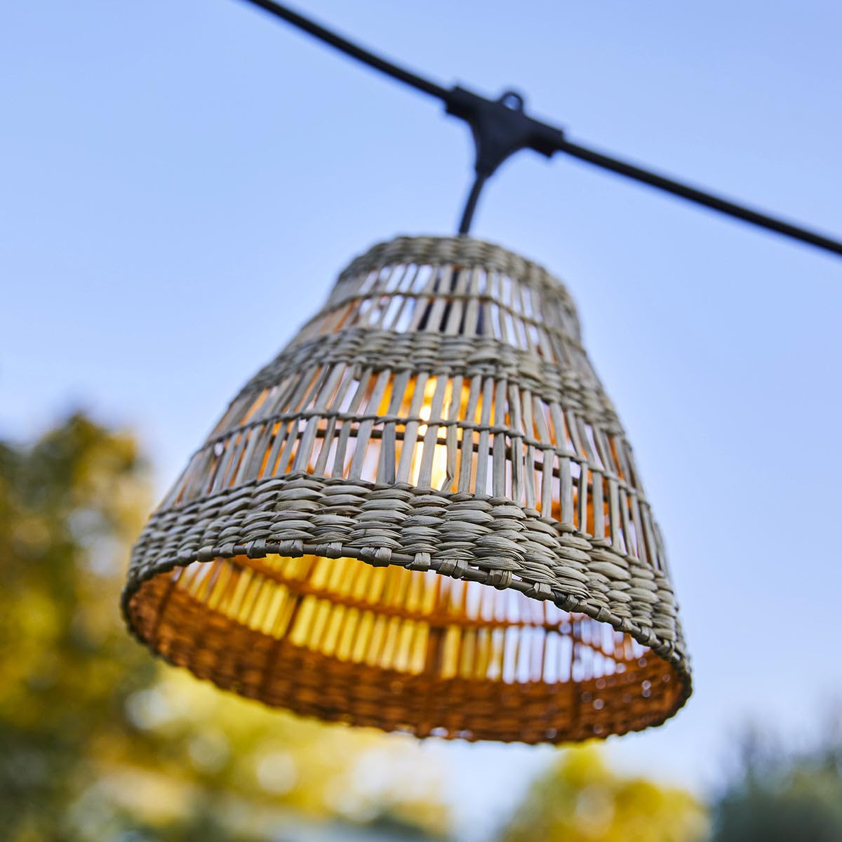 Lumisky Lichterkette mit Lampenschirm aus Seegras im Boho-Stil, 7-flammig, E27-Fassung, warmweiß, 6 m