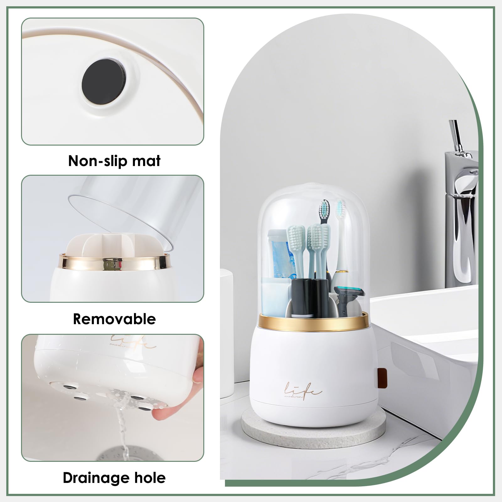 Soportes para cepillos de dientes para baños, 7 ranuras giratorias con tapa y drenaje de agua, soporte para cepillo de dientes eléctrico para niños y soporte de pasta de dientes para accesorios de