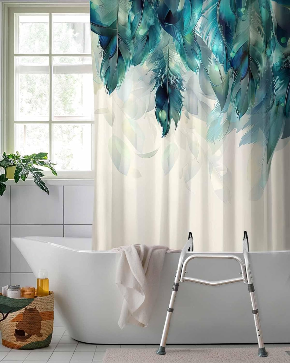 Split Shower Curtain for Transfer Bench, Teal Turquoise Peacock Waterproof Fabric Shower Curtain, Peacock Feather Abstract Art Tub Sliding Transfer Bench Shower Curtains for Bathroom 72'' x 72''