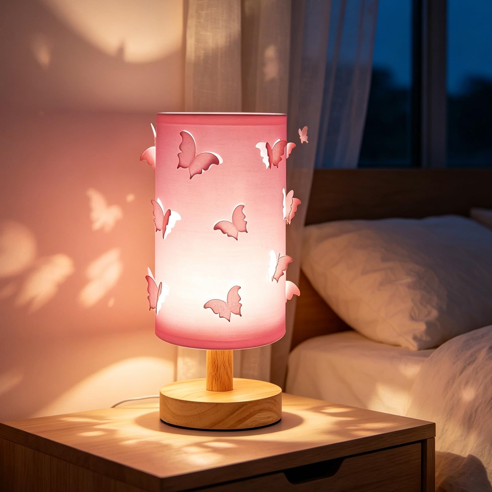 Pink Butterfly kids Table Lamp, 3 Colour Modes & 10 Brightness Levels, Linen Fabric Shade with Solid Wood Base, Decorative KIds Lamp for Bedroom Living Room,Cute Night Light for Girls Room Home Decor