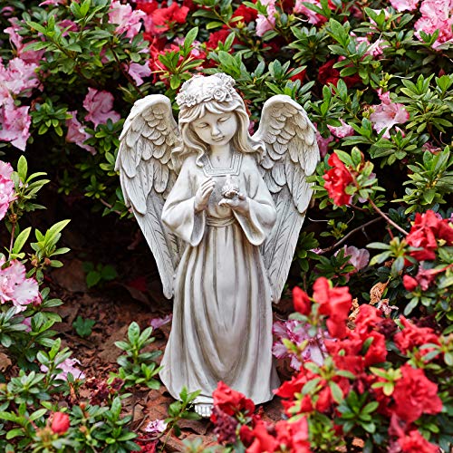 Garden Angel Figurines With Halo Led Lights, Light Up Angel Girl With Dove Garden Statues For Patio, Lawn, Yard Art, Cemetery Grave Decoration, Sympathy Gift, Stone Antique, 9.65 X 6.1 X16.1Inch #TOP3