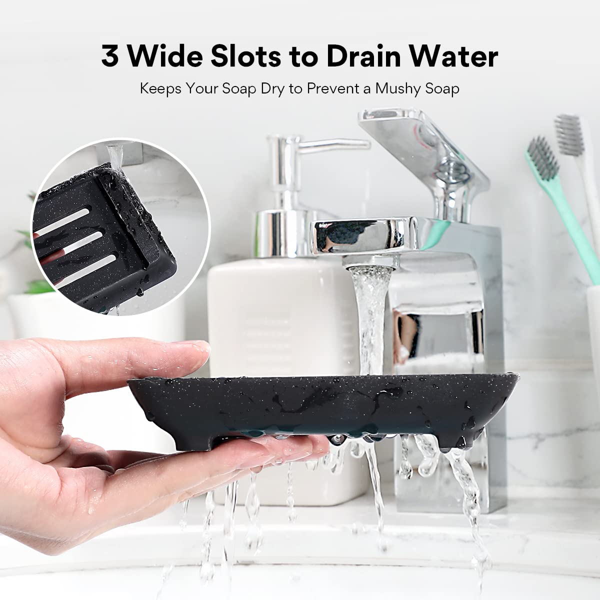 Soap Dish with Drain, Aimou Bar Soap Holder Saver Self Draining Waterfall Soap Sponge Tray Dishes, Easy Clean Soap Case Box Container for Bathroom Shower Kitchen Sink Countertop Black