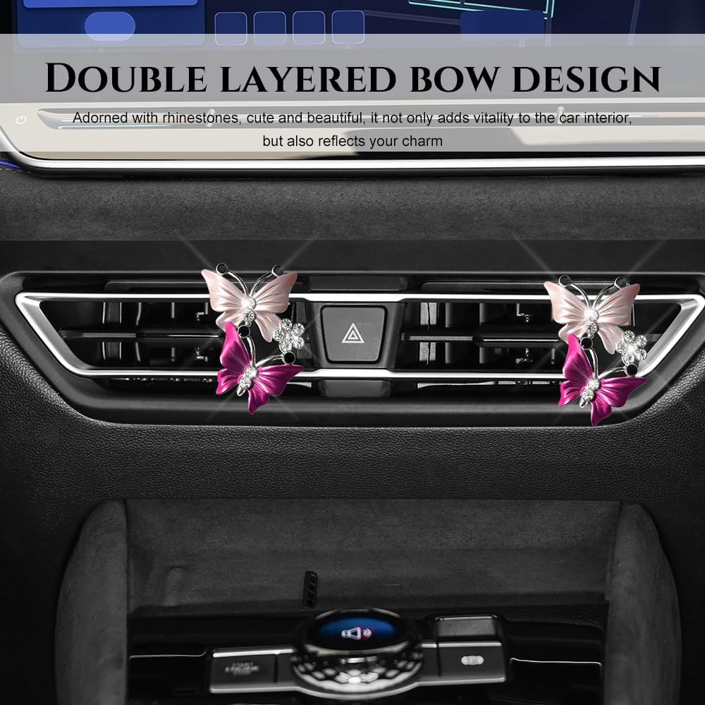 2Pcs Dual Butterfly Diamond Car Air Fresheners Vent Clips, Cute Dual Butterfly Air Vent Clips, Car Air Conditioning Outlet Clip Decorative Interior Accessories for Women Girls (Pink) image 3