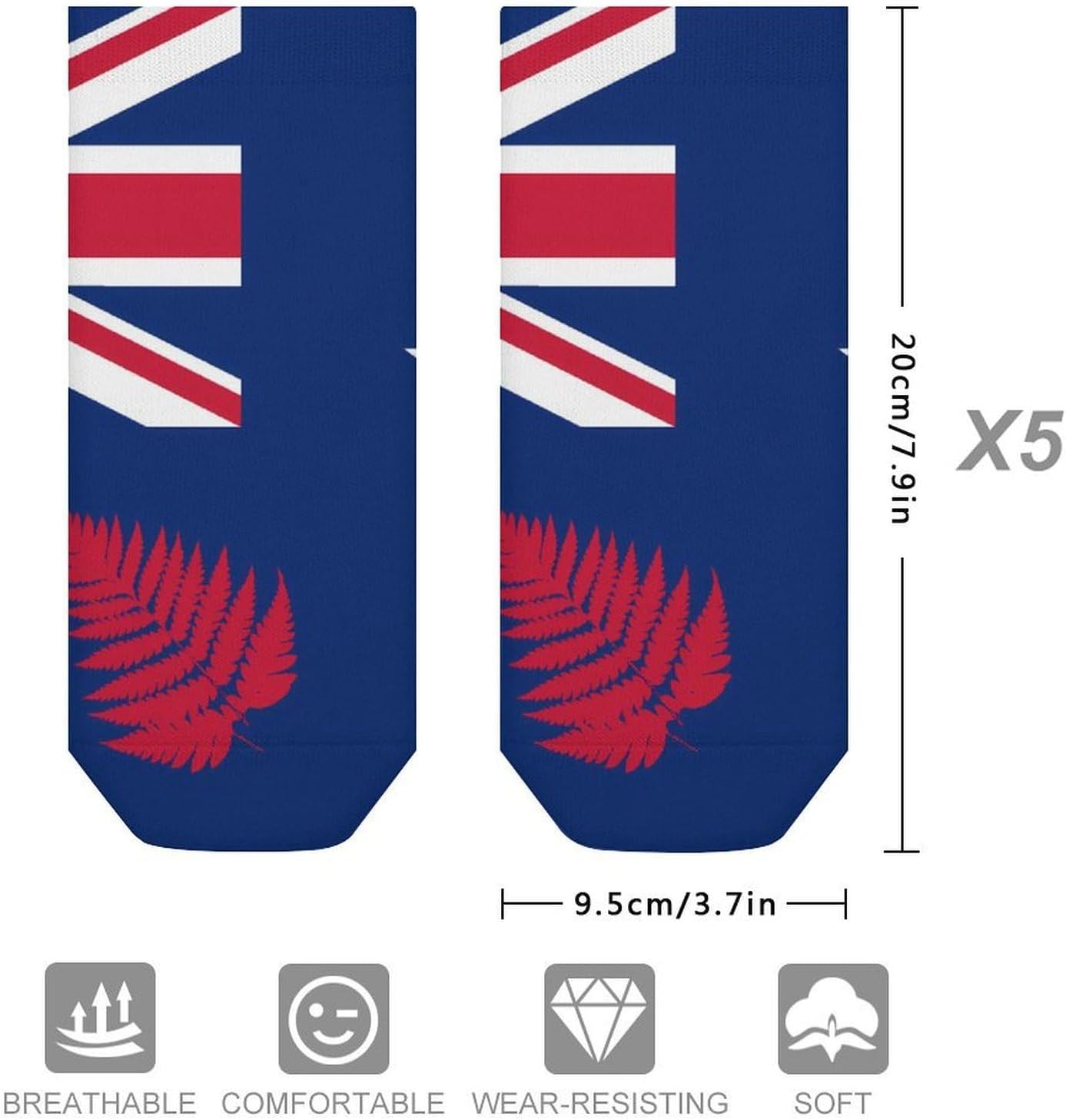 Newzealand Flag with Fern Leaves No Show Ankle Socks Low Cut Non Slip Flat Boat Line 5 Pairs Set