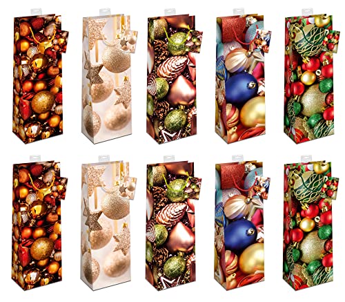 Geschenktüten Flaschen Weihnachten | Stabiler Boden, Randverstärkung | FSC®-zertifizierter Karton (150 g/m²) | Griff & Beschriftungskarte | Flaschentüten Weihnachten (12×39×10 cm), 10 Stück