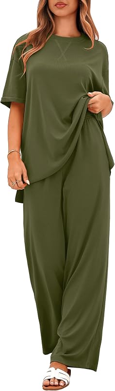 Totatuit Two Piece Sets For Women Summer Travel Vacation Airport Outfits Short Sleeve Oversized Loungewear Sets