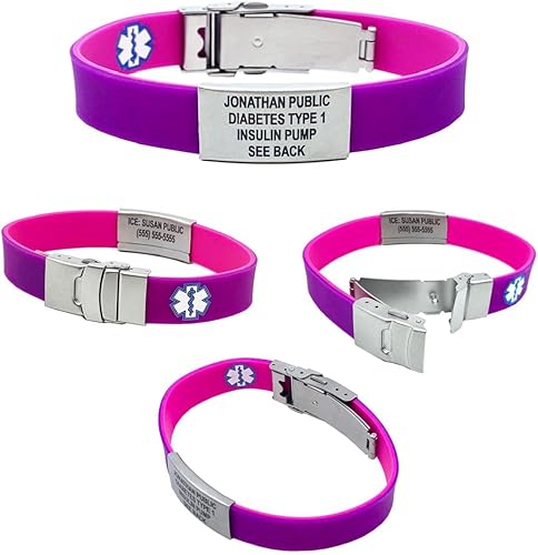 Pulseras de identificación médica para mujeres u hombres, rosa o morado reversible deportivo delgado, pulsera médica de silicona, grabado con láser,