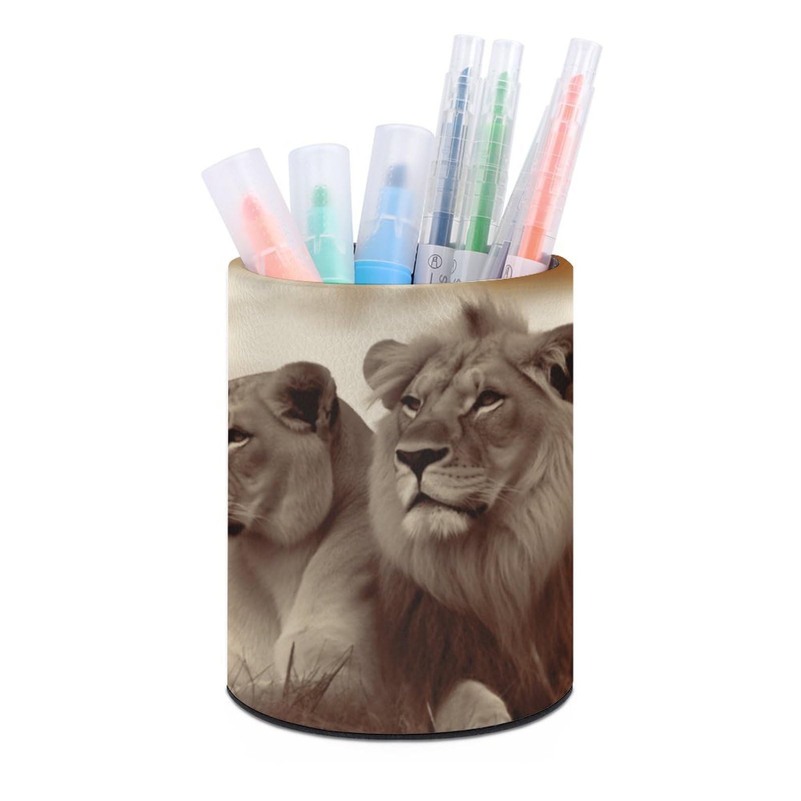 VstaDank African Lion And Lioness Pen Holder PU Leather Pencil Cup Minimalist Desk Pencil Holder Round Make Up Brush Organizers For Office Dorm Room&Vanity Desk Accessories
