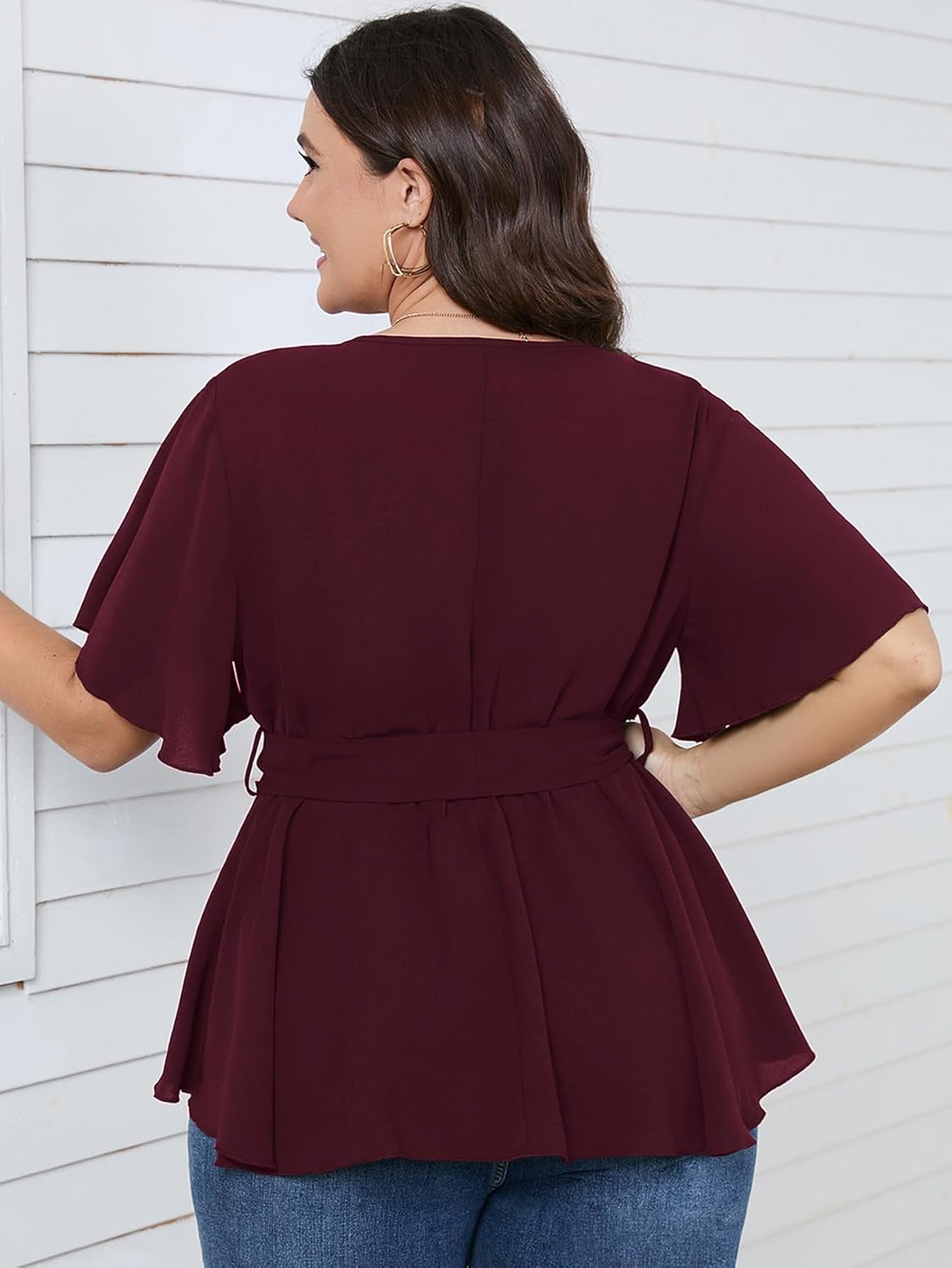 SCOMCHIC Women's Plus Size Short Sleeve V Neck Wrap Belted Ruffle Peplum Blouse Tops - Image 2