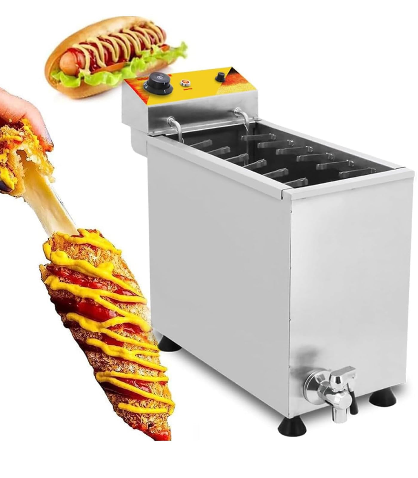 ZHIGUANYUN Hot Dog Machine and 25-Liter Fryer for Corn Dogs – High Capacity, Stable Non-Slip Base – Ideal for Restaurants and Shops.