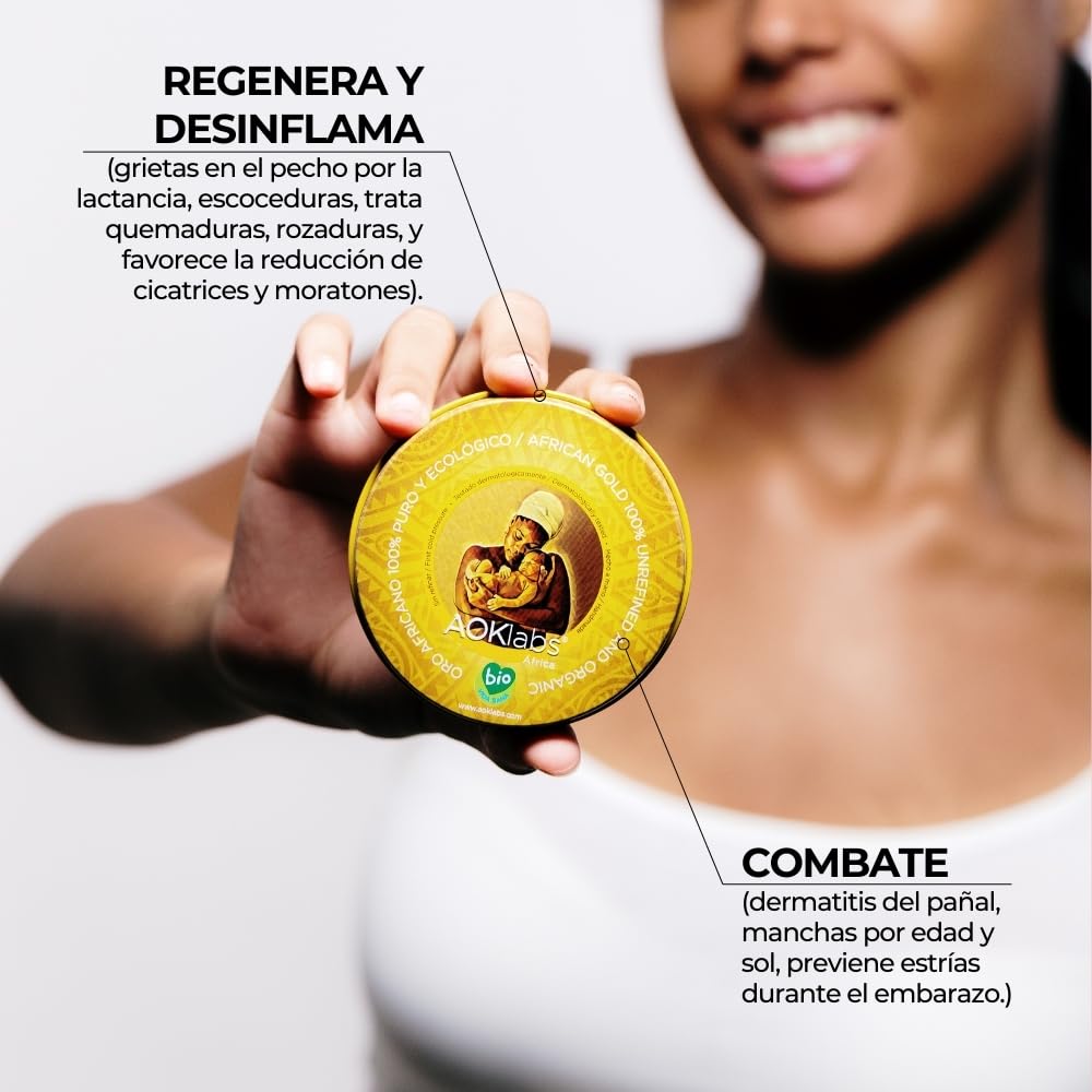 AOKlabs - Oro Africano | SIN REFINAR, PURO, ECOLÓGICO | Manteca de Karité 100% Natural | HIDRATANTE Y REGENERATIVO | Cuidado Integral Piel | CARA CUERPO Y CABELLO | (200 ml)