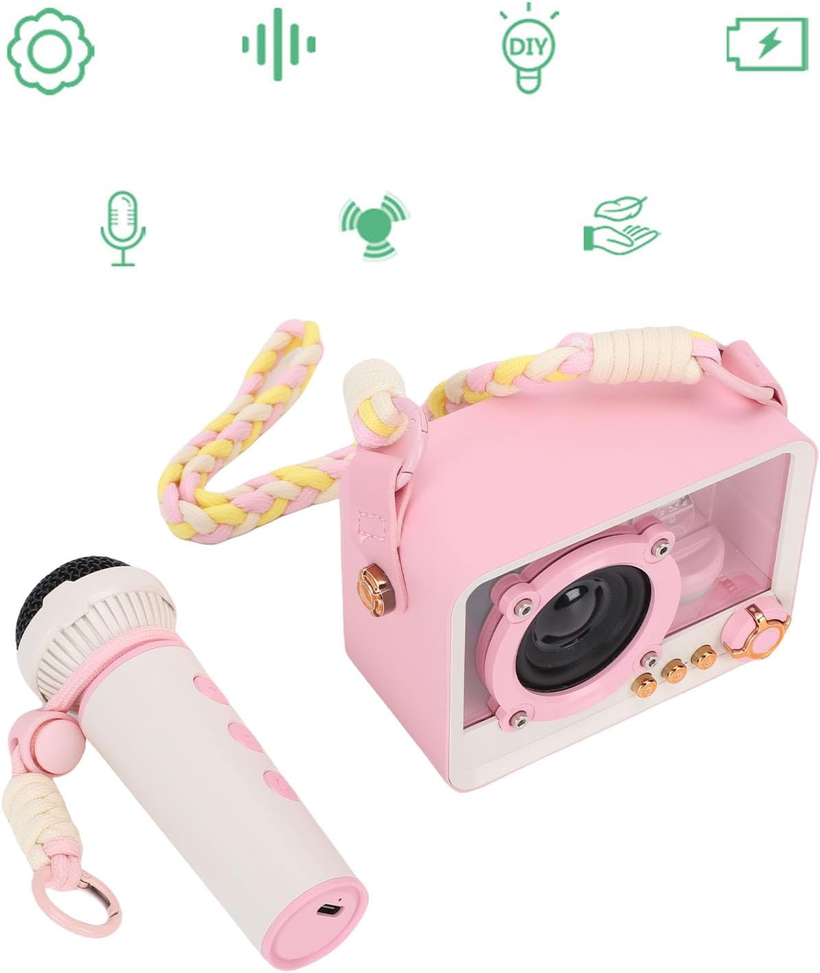 GOWENIC Small Karaoke Machine for Kids, Bluetooth Speaker and Microphone Set, Bluetooth Karaoke Speaker with Wireless Microphones, Gift for Boy Toddler Birthday Holiday Home Party (Pink)